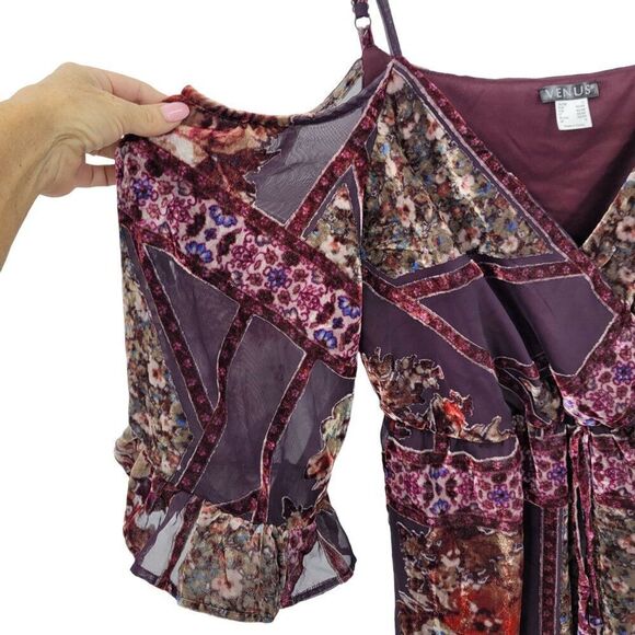 Venus Bohemian Floral High Low Cold Shoulder Dress L Ox Blood Velvet Burnout - Picture 5 of 11